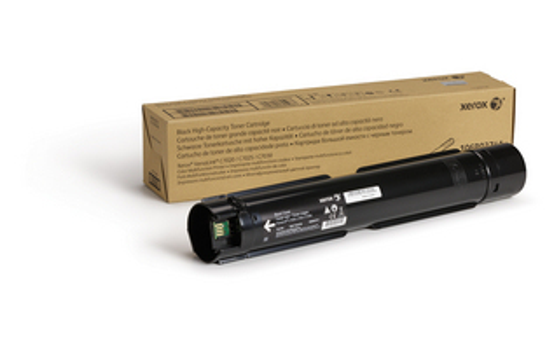 Una cartuccia toner nera davanti alla sua scatola, con il marchio Xerox.