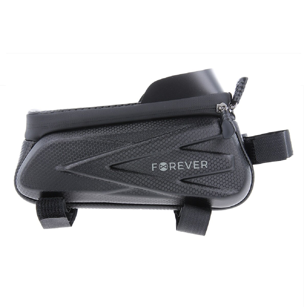 Schwarze Fahrradrahmentasche mit dem Wort 'FOREVER'. Es hat ein strukturiertes Design und Klettbänder.