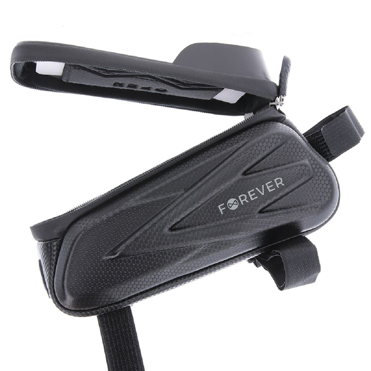 Schwarze Fahrradtasche mit Reißverschluss und 'FOREVER'-Logo, mit Riemen am Fahrrad befestigt.