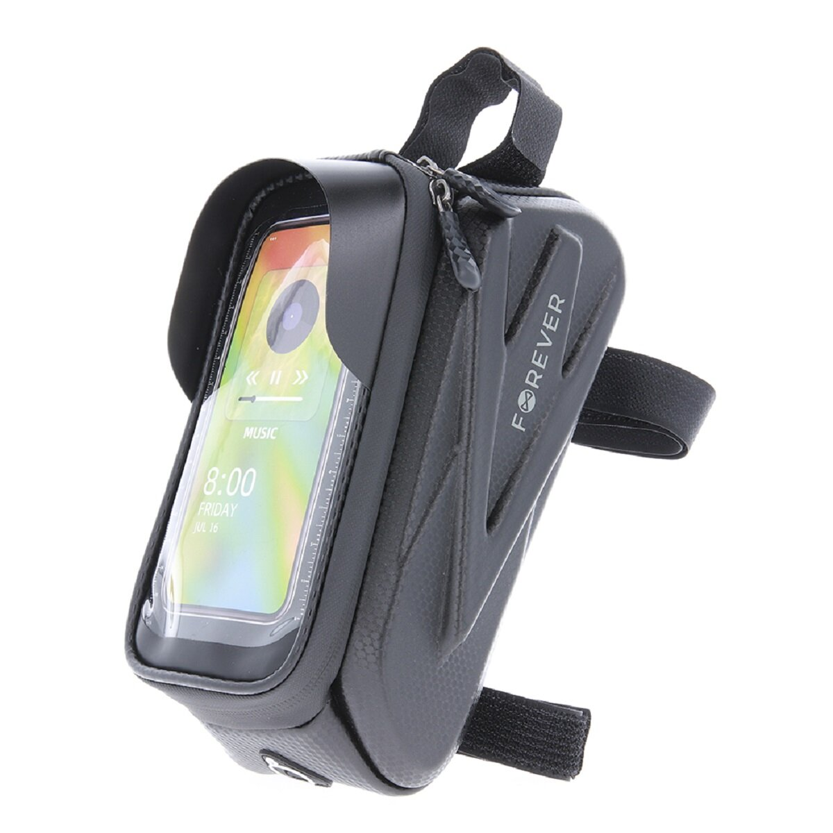 Schwarze Fahrrad-Telefonhalterung mit Telefon, das Uhrzeit und Musik anzeigt.