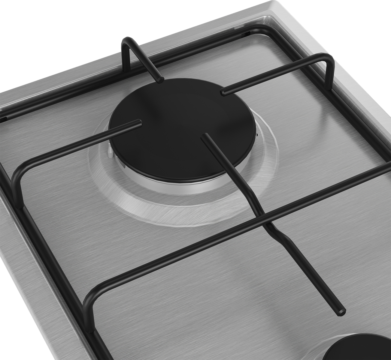 Zbliżenie gazowej płyty kuchennej ze stali nierdzewnej z czarnymi rusztami palników.