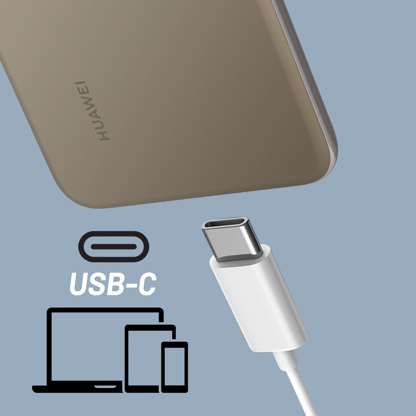Telefon z kablem USB-C i ikonami. Tło jest niebieskie.