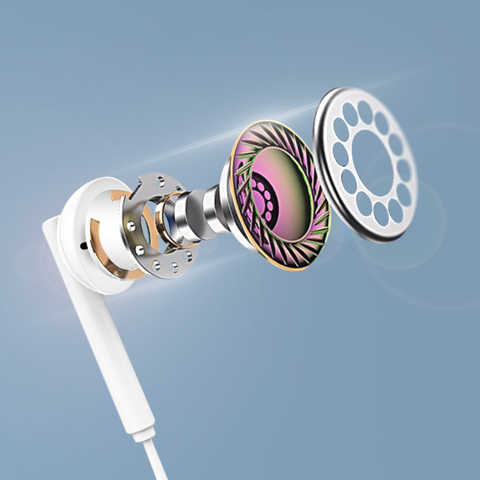 Widok rozłożony słuchawki, pokazujący komponenty: głośnik, membranę i obudowę, na niebieskim tle.