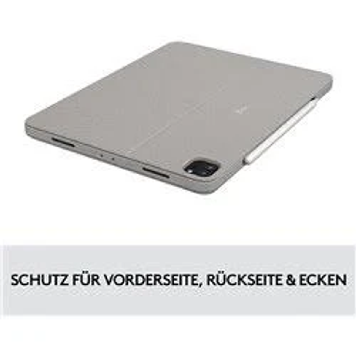 Eine graue Tablethülle mit Stift. Der Text unten lautet 'Schutz für Vorderseite, Rückseite & Ecken'.