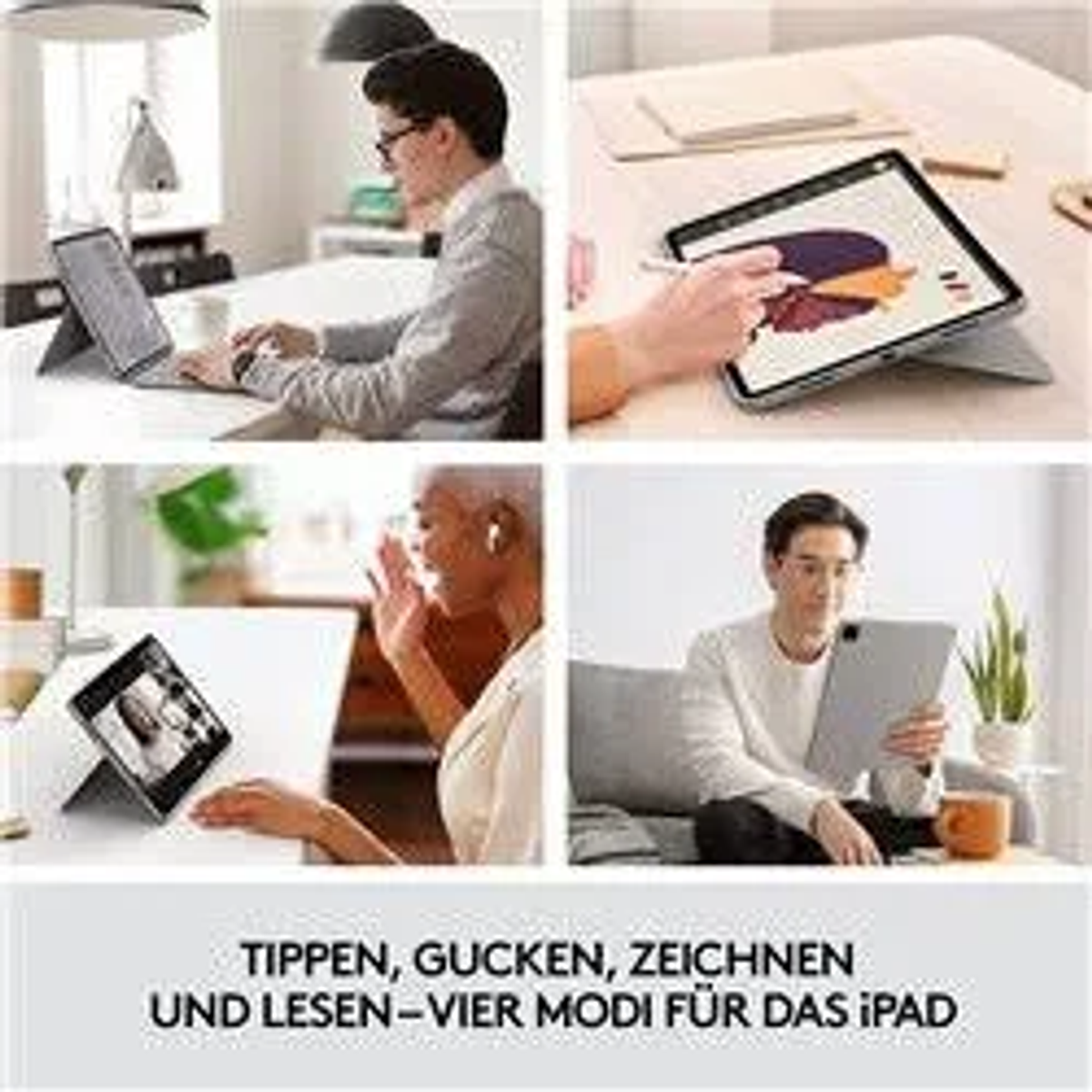 Vier Bilder zeigen ein Tablet in verschiedenen Umgebungen, für verschiedene Aufgaben.