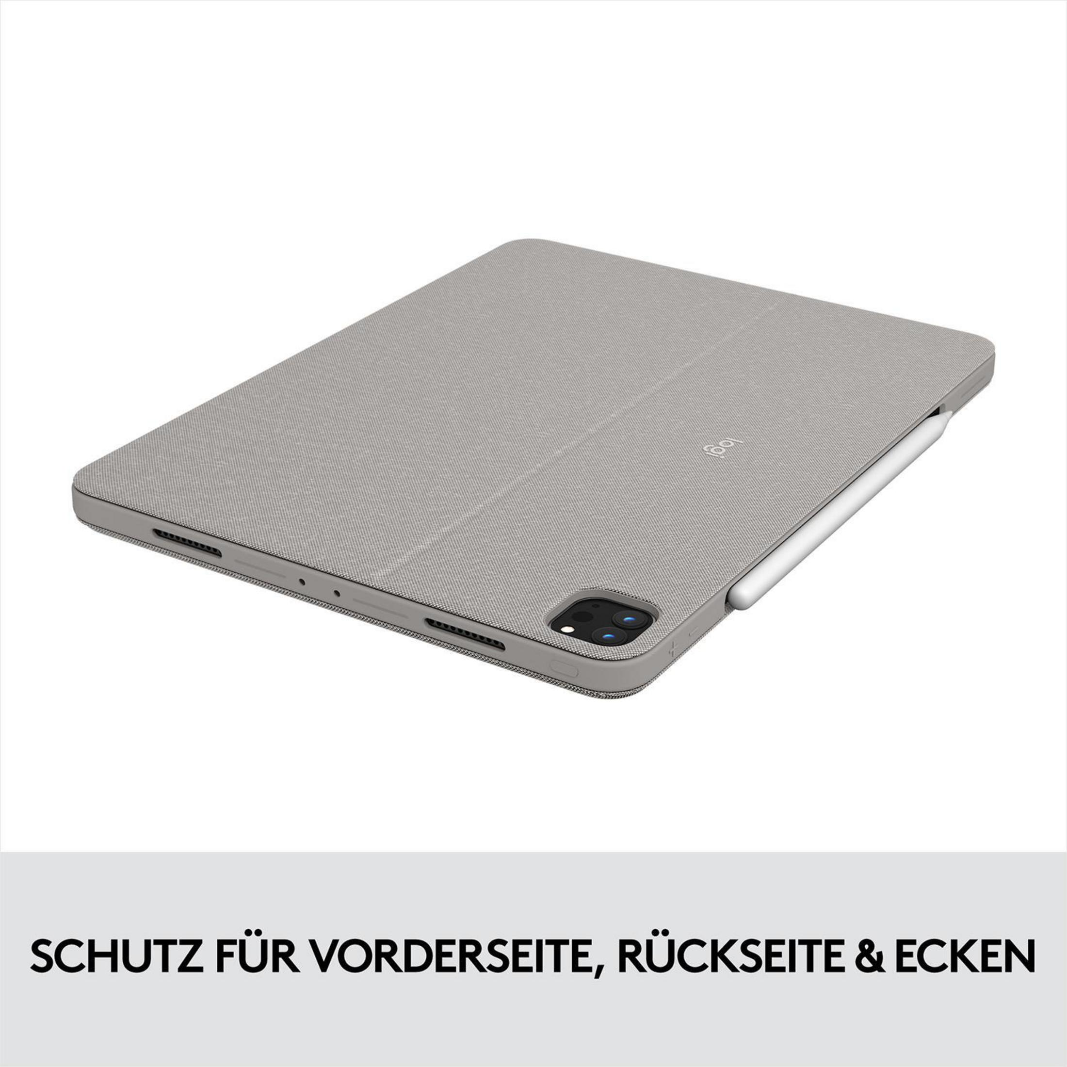 Graue iPad-Hülle mit einem Apple Pencil auf weißem Hintergrund. Text: Schutz für Vorder-, Rückseite & Ecken.