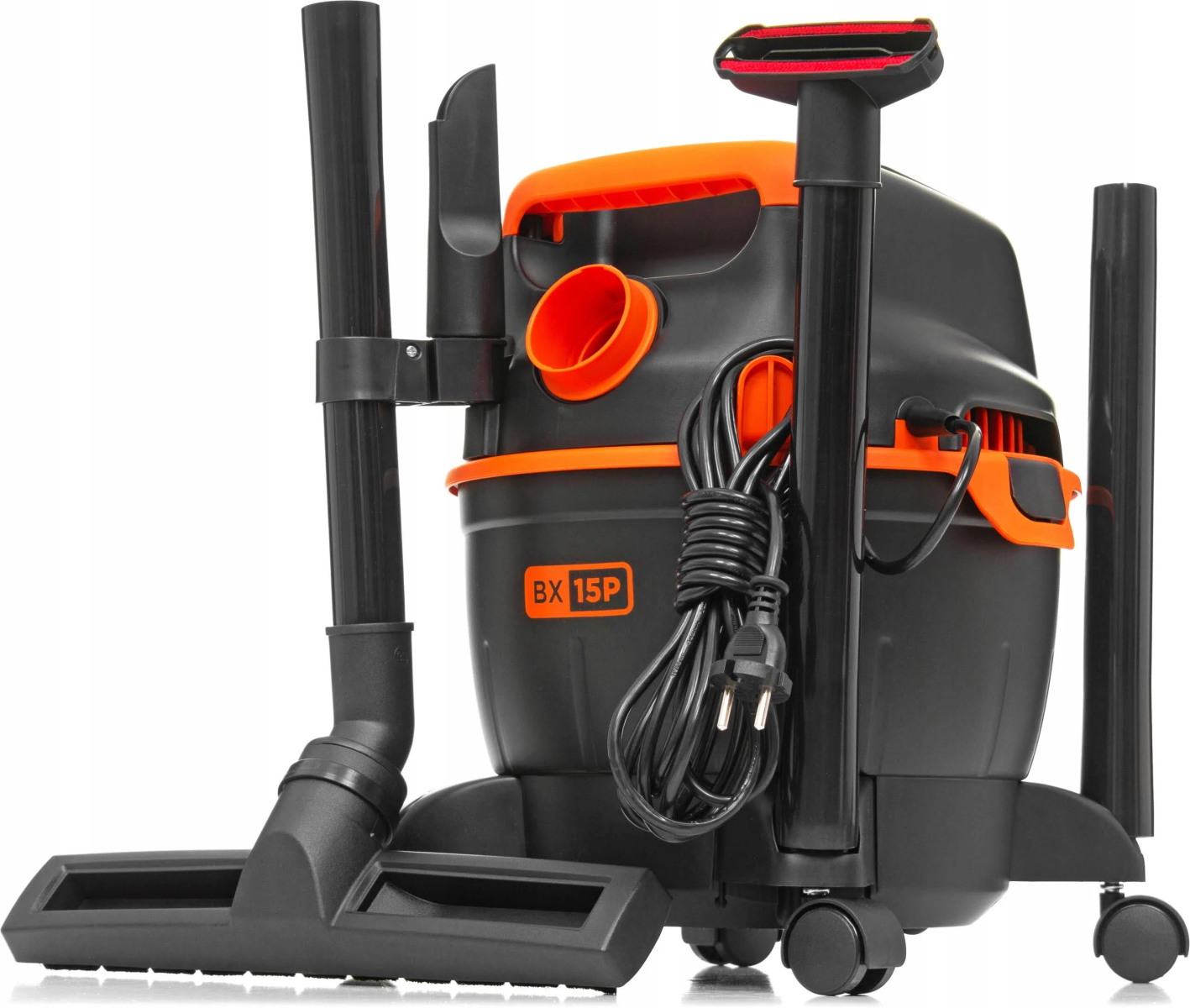 Aspirapolvere nero e arancione con vari accessori.