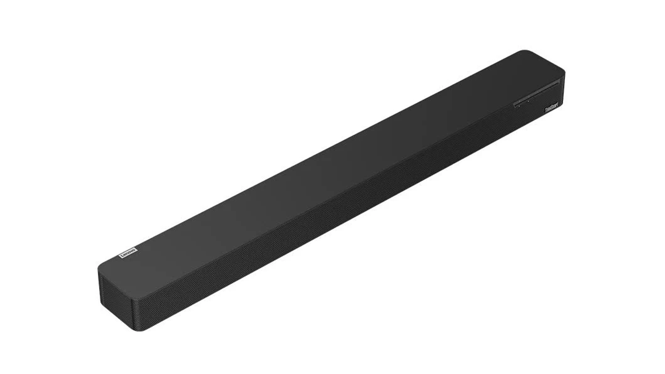 Una barra de sonido Lenovo negra. Es rectangular, con una parte frontal de malla y un logotipo en el lateral.
