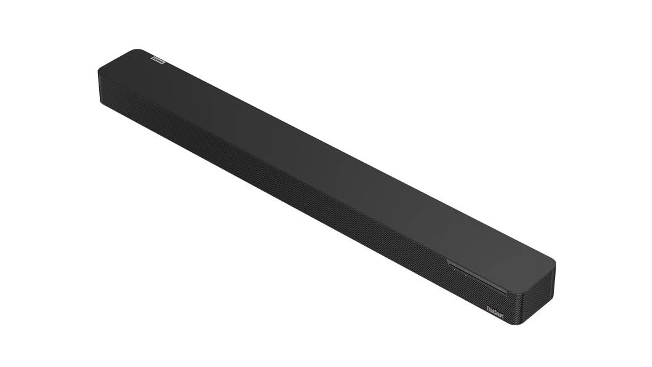 Barra de sonido negra con el logotipo de Lenovo ThinkSmart. El dispositivo es rectangular y está sobre blanco.