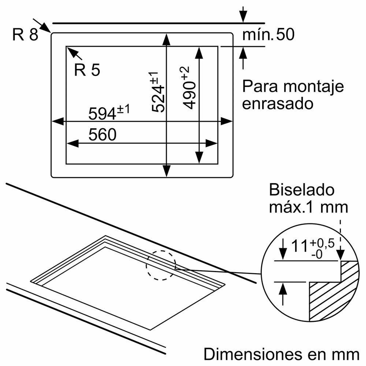 Rysunek techniczny z wymiarami dla urządzenia do zabudowy. Zawiera linie, wymiary i adnotacje w języku hiszpańskim.