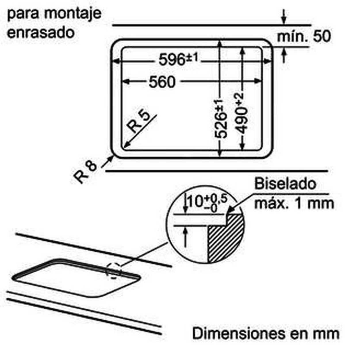 Rysunek techniczny z wymiarami dla urządzenia do zabudowy.