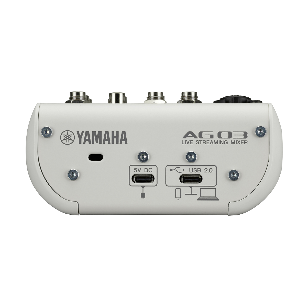 Weiße Yamaha Audiomischpult, Draufsicht. Anschlüsse für USB, DC und Audioeingang. Yamaha-Logo sichtbar.