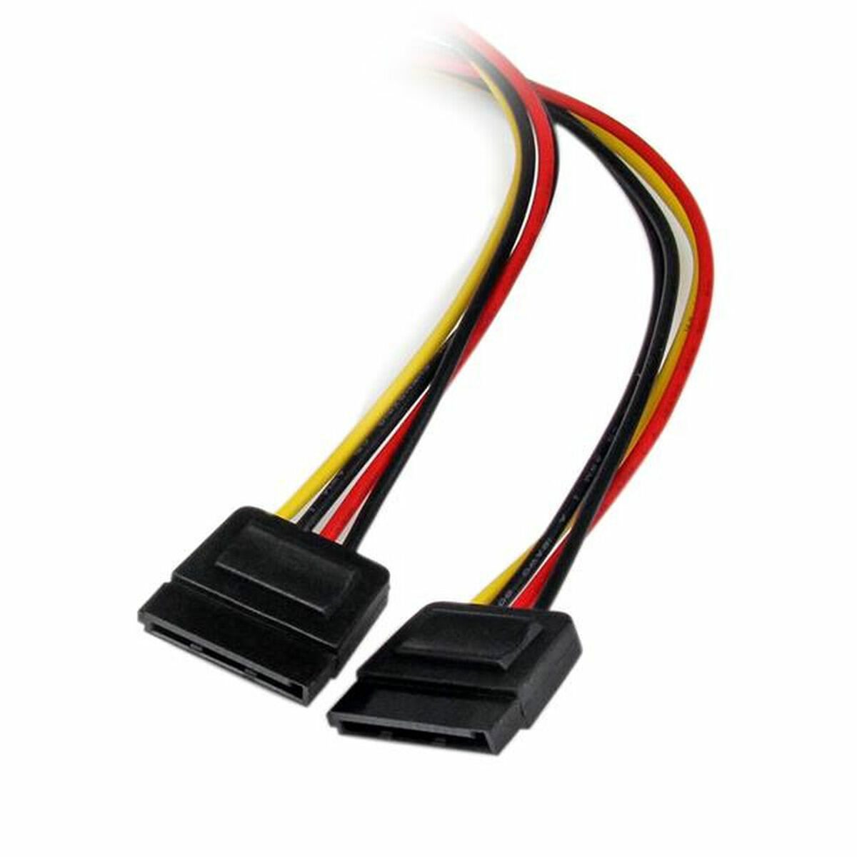 Zwei schwarze SATA-Datenkabel mit schwarzen Steckern, roten, gelben und schwarzen Drähten.