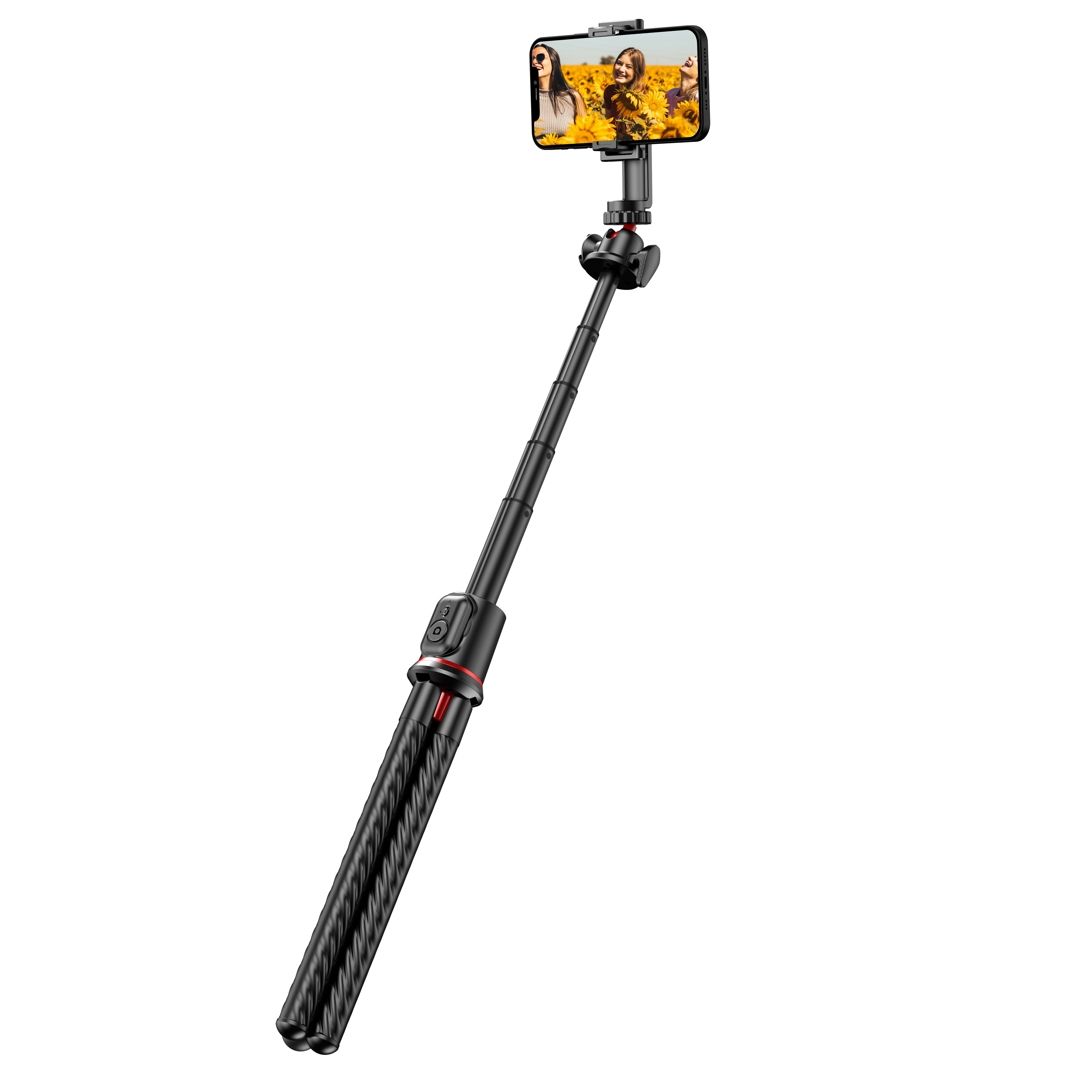 A black selfie stick with a phone attached, extended against a white background. Two people are on the screen.