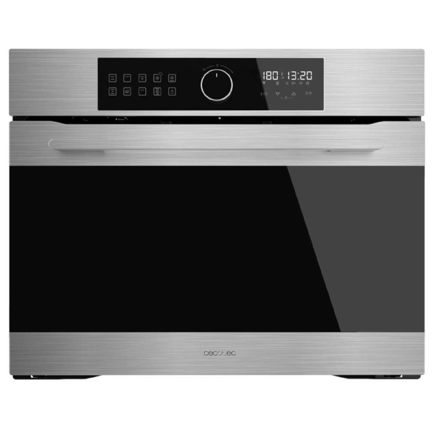 Horno empotrado plateado con pantalla digital, asa y nombre de la marca, sobre una superficie blanca.