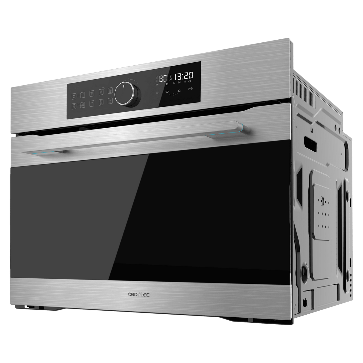 Un horno empotrado plateado con puerta de cristal negra y pantalla digital. Asa debajo de la pantalla.