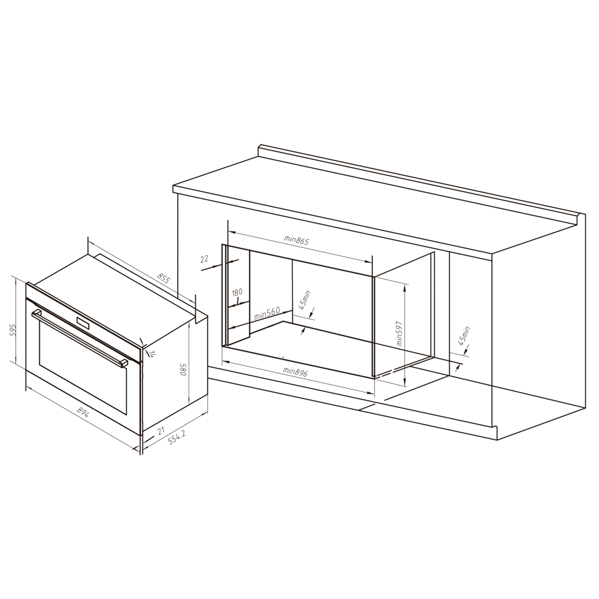 Dibujo lineal de un mueble de cocina con dimensiones. Líneas negras sobre fondo negro.