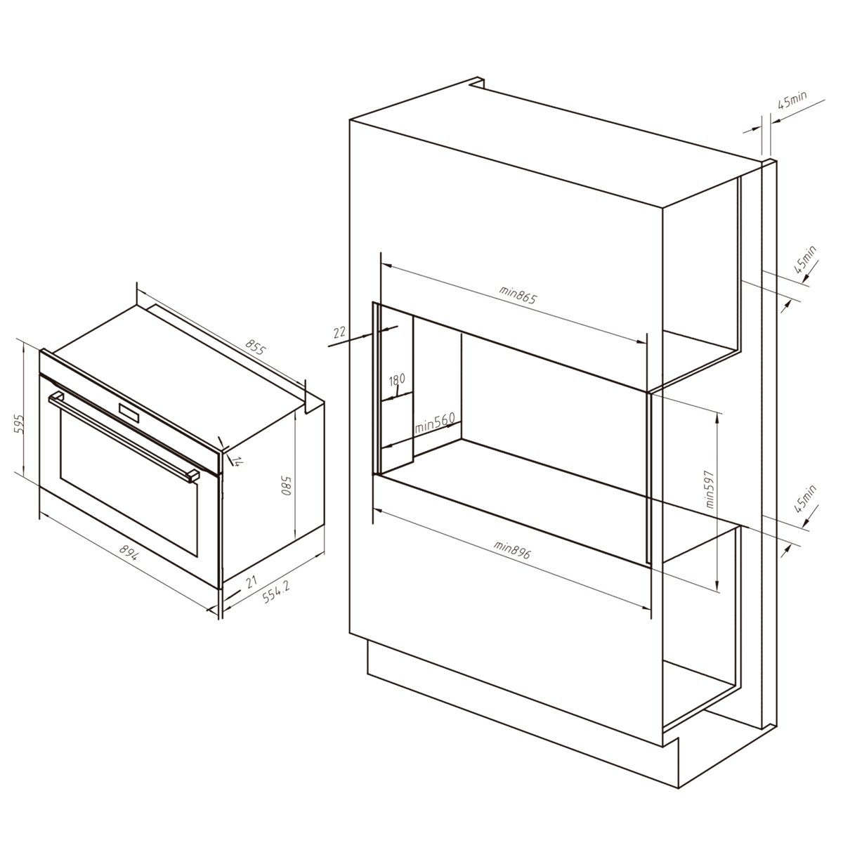 Dibujo técnico de electrodomésticos de cocina empotrados. Líneas negras sobre fondo blanco.