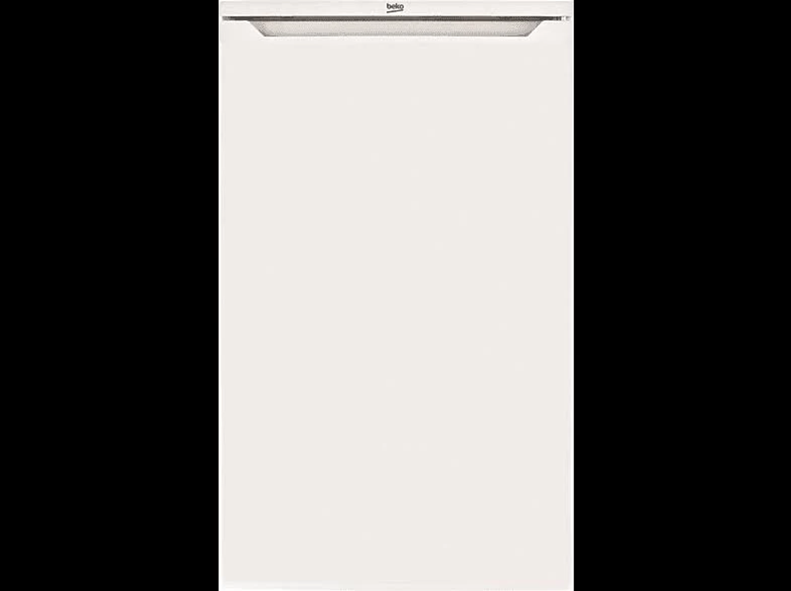 Biała lodówka z górną zamrażarką i drzwiami, na czarnym tle.