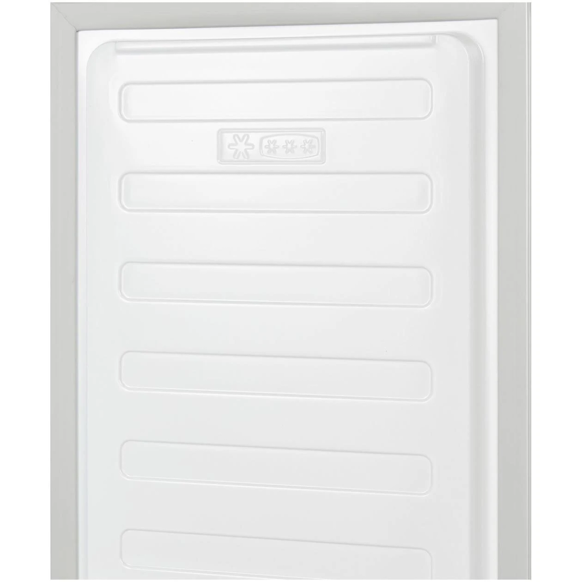 Zbliżenie białej szuflady zamrażarki z poziomymi rowkami i symbolem płatka śniegu.