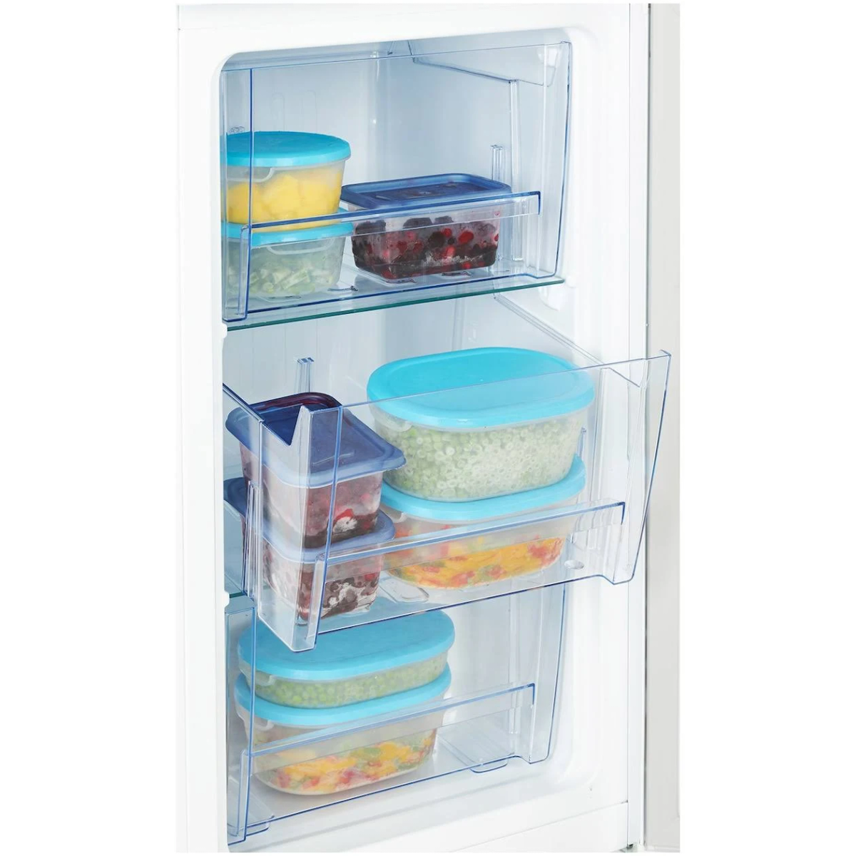 Wnętrze lodówki z przezroczystymi pojemnikami z żywnością.