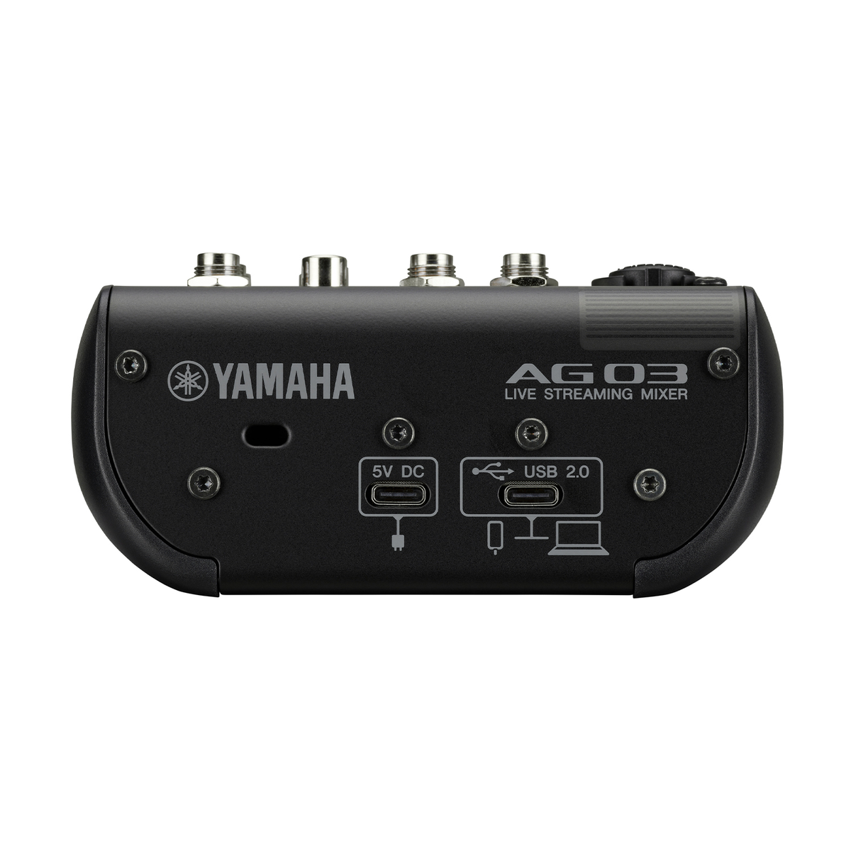 Mixer per streaming live Yamaha AG03 nero. Ha diverse porte di ingresso e uscita.