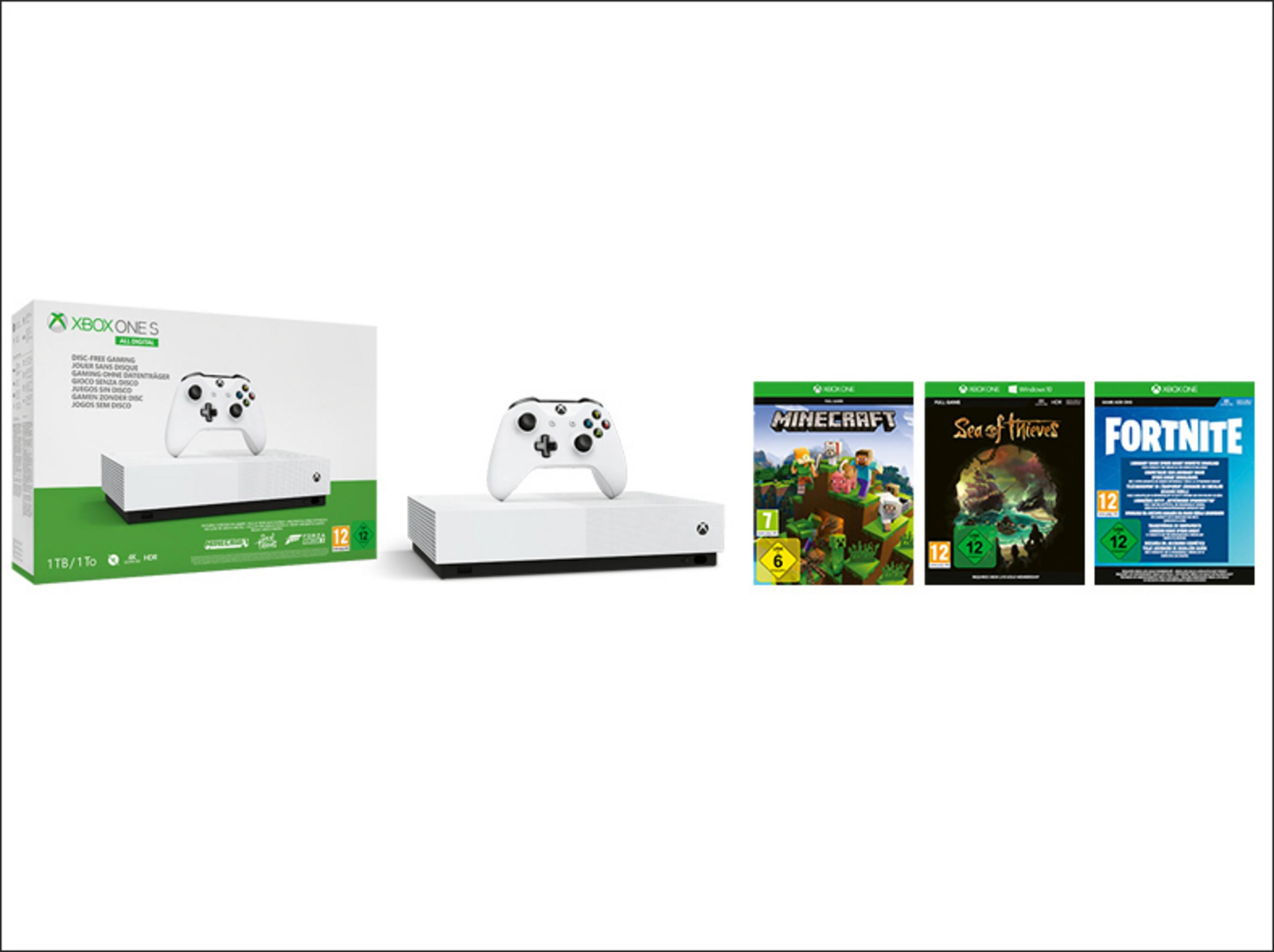 Una console Xbox One S con un controller e scatole di gioco per Minecraft, Sea of Thieves e Fortnite.