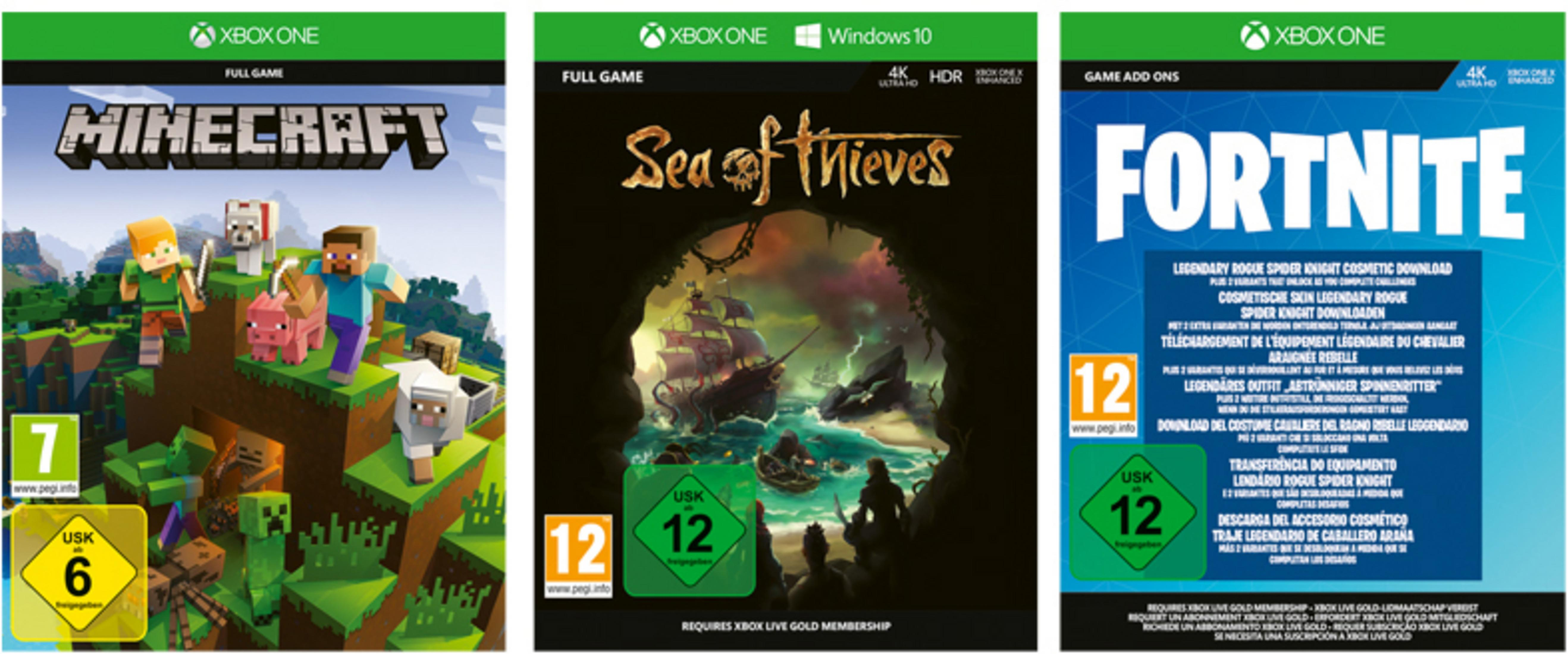 Tre scatole di gioco per Minecraft, Sea of Thieves e Fortnite.