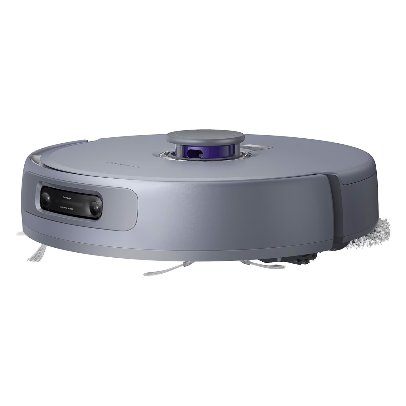 Grauer und schwarzer Roboter-Staubsauger mit prominentem Top-Sensor und mehreren Bürsten.
