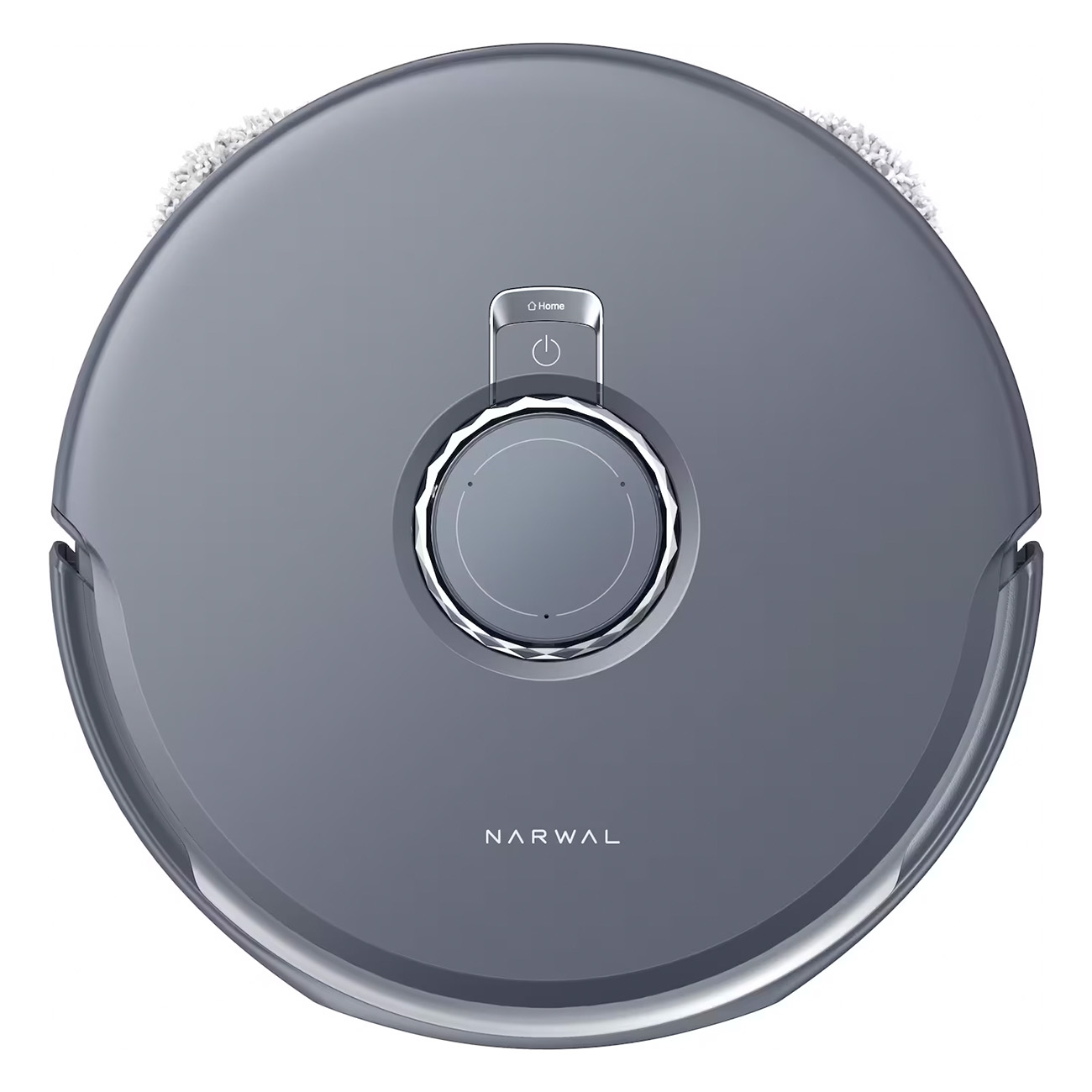 Ein grauer Roboter-Staubsauger mit einem Power-Knopf und dem Namen 'NARWAL'.