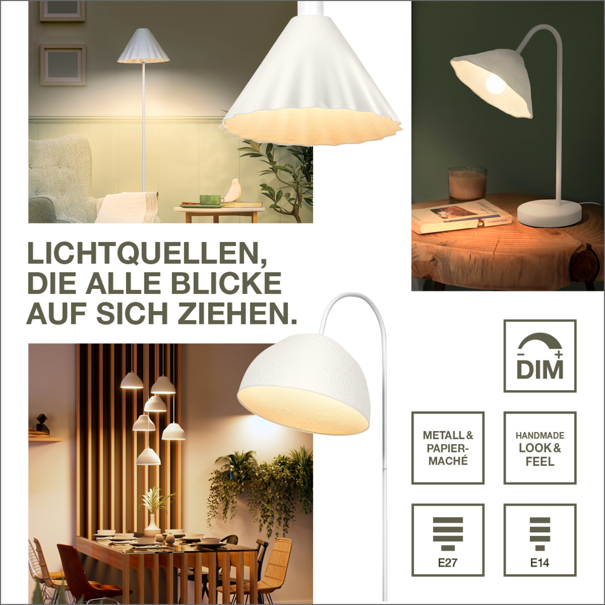Weiße Lampen in verschiedenen Formen. Text: "LICHTQUELLEN, DIE ALLE BLICKE AUF SICH ZIEHEN."