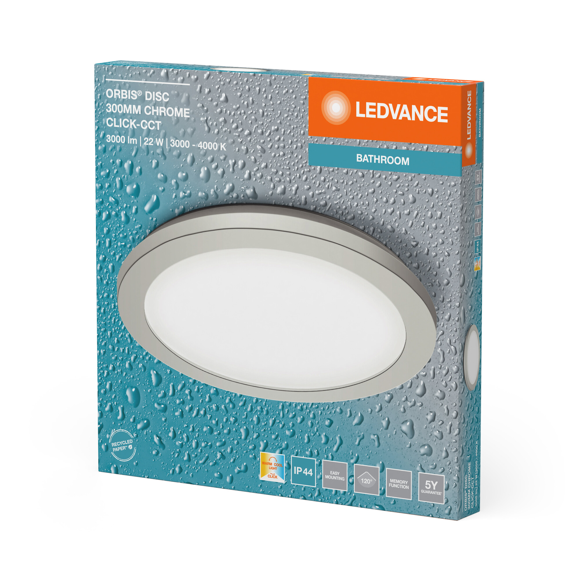 Eine LEDVANCE Badezimmer-Leuchte in einer Box, die das Produkt und seine Eigenschaften zeigt.