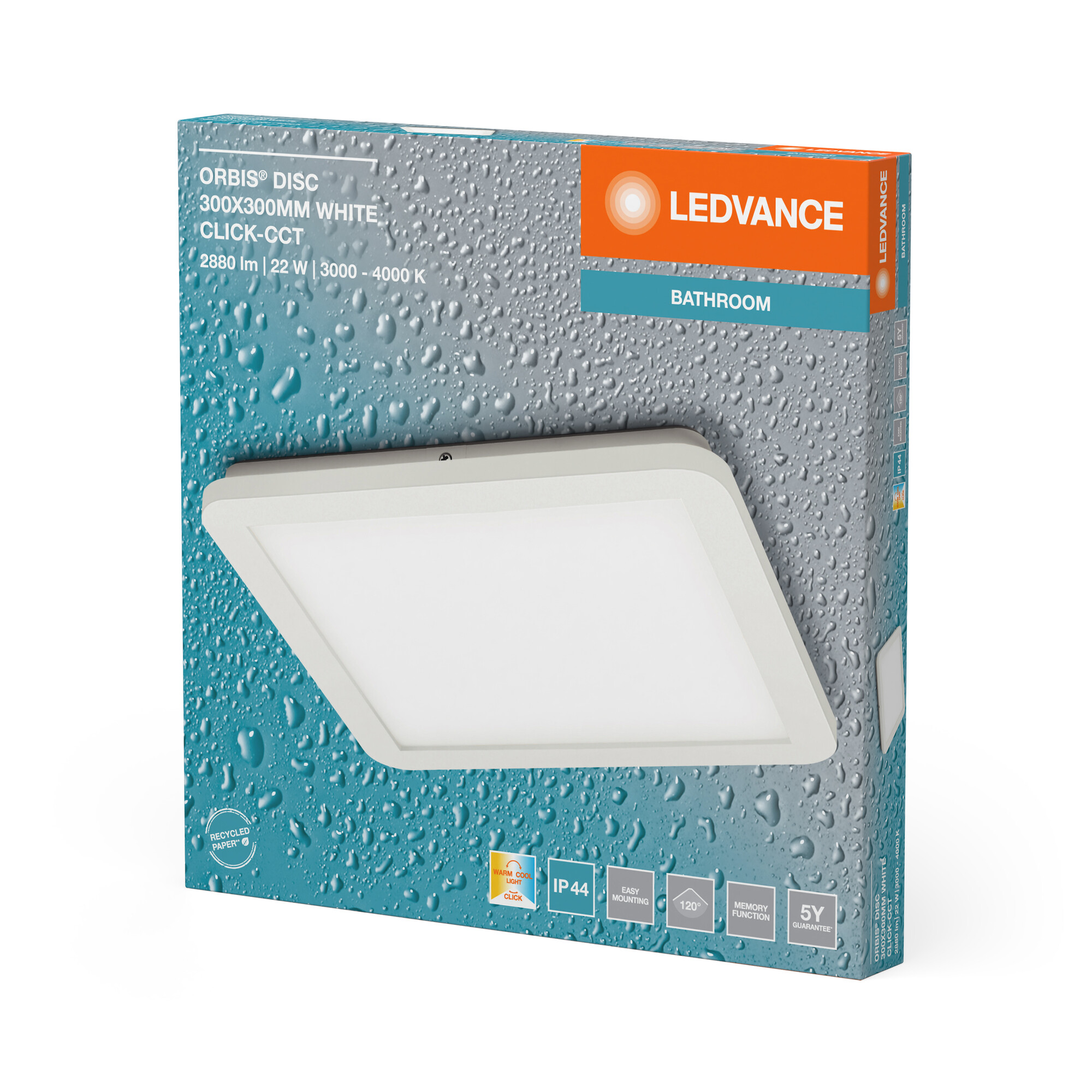 Quadratische weiße LED-Badleuchte in einer Box, Produktdetails sichtbar.