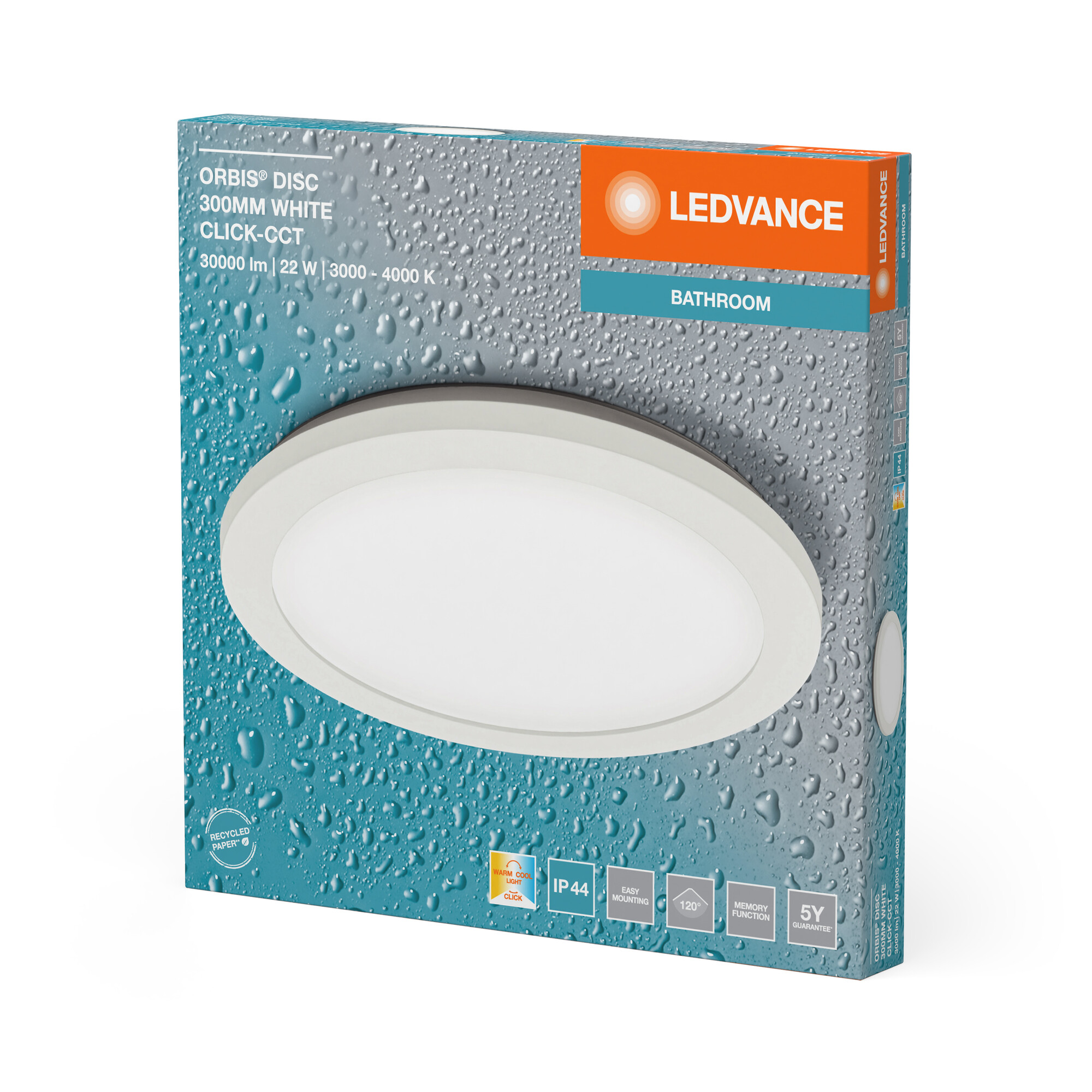 Eine LEDVANCE Badezimmer-Leuchtebox. Es ist ein weißes scheibenförmiges Licht.