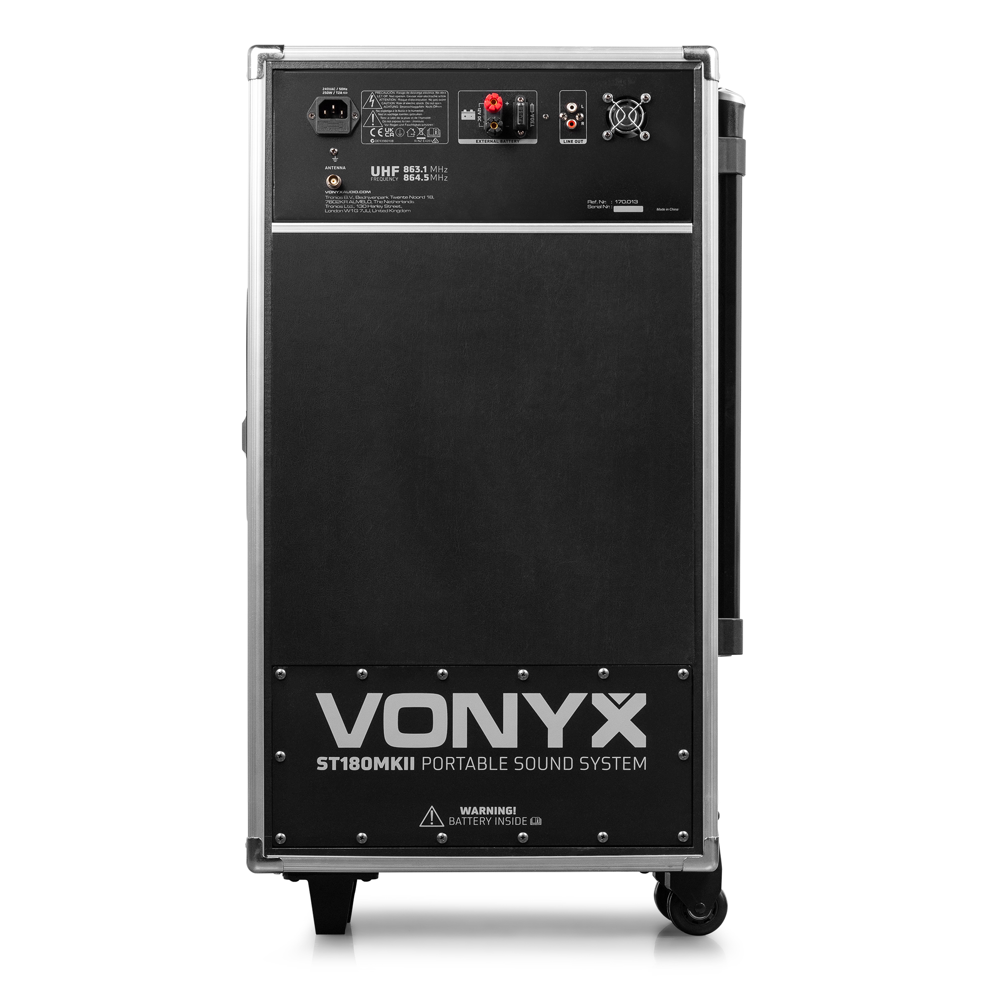 Vista trasera del sistema de sonido portátil Vonyx negro con entradas y controles.
