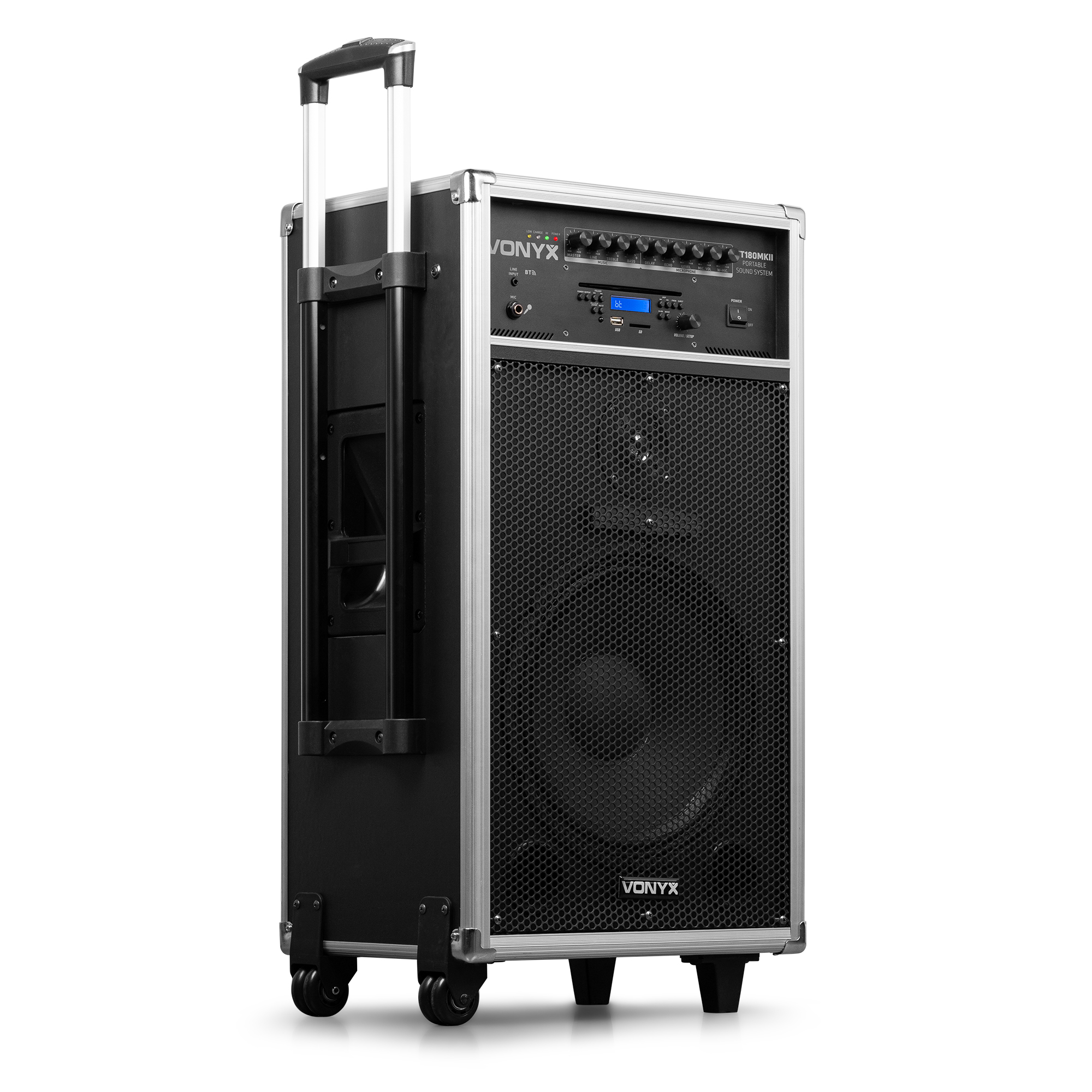 Altavoz Vonyx negro y plateado con asa y ruedas, ligeramente inclinado hacia la izquierda.