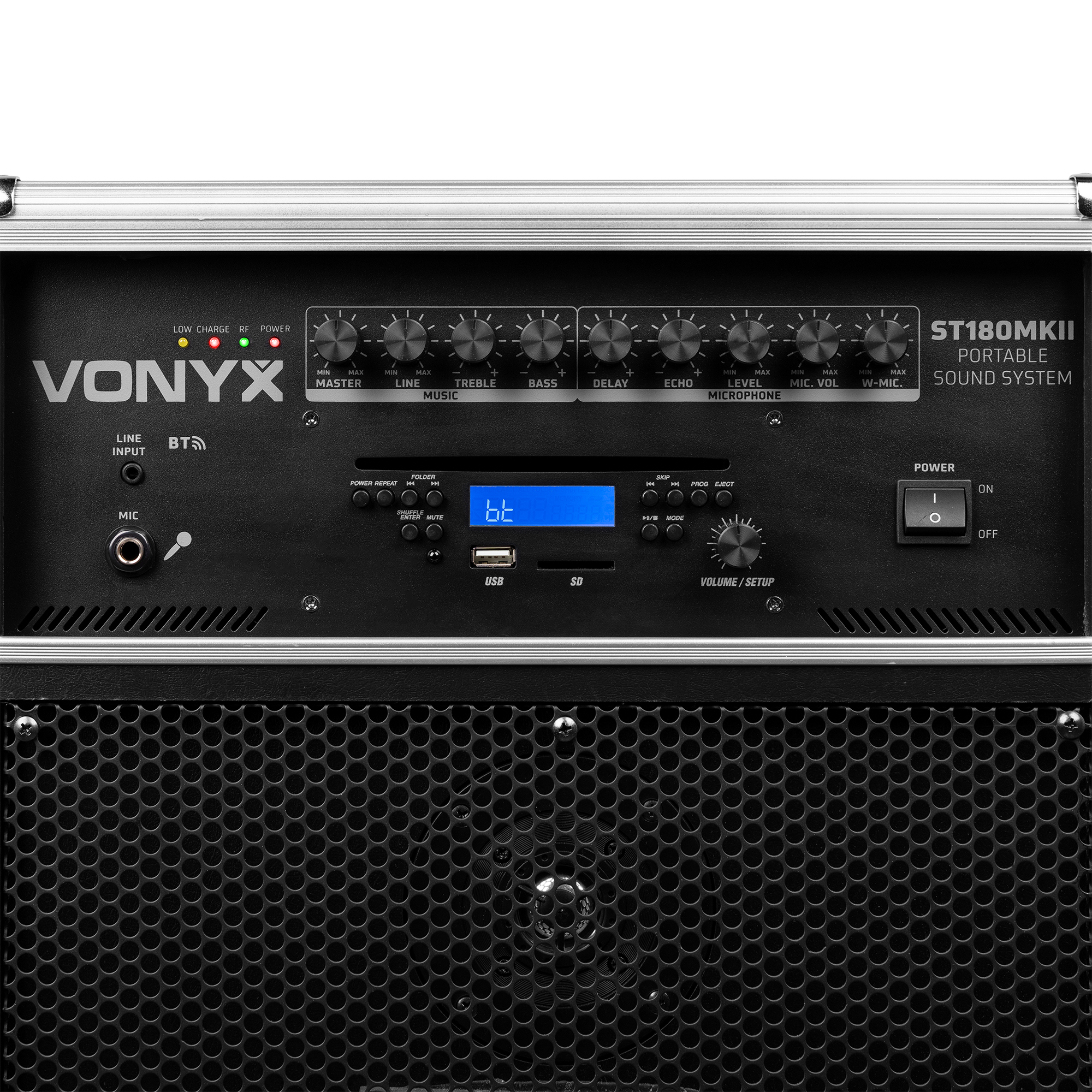 Panel de control de sistema de sonido negro y plateado con perillas, pantalla, interruptor de encendido y altavoz. Marca Vonyx visible.