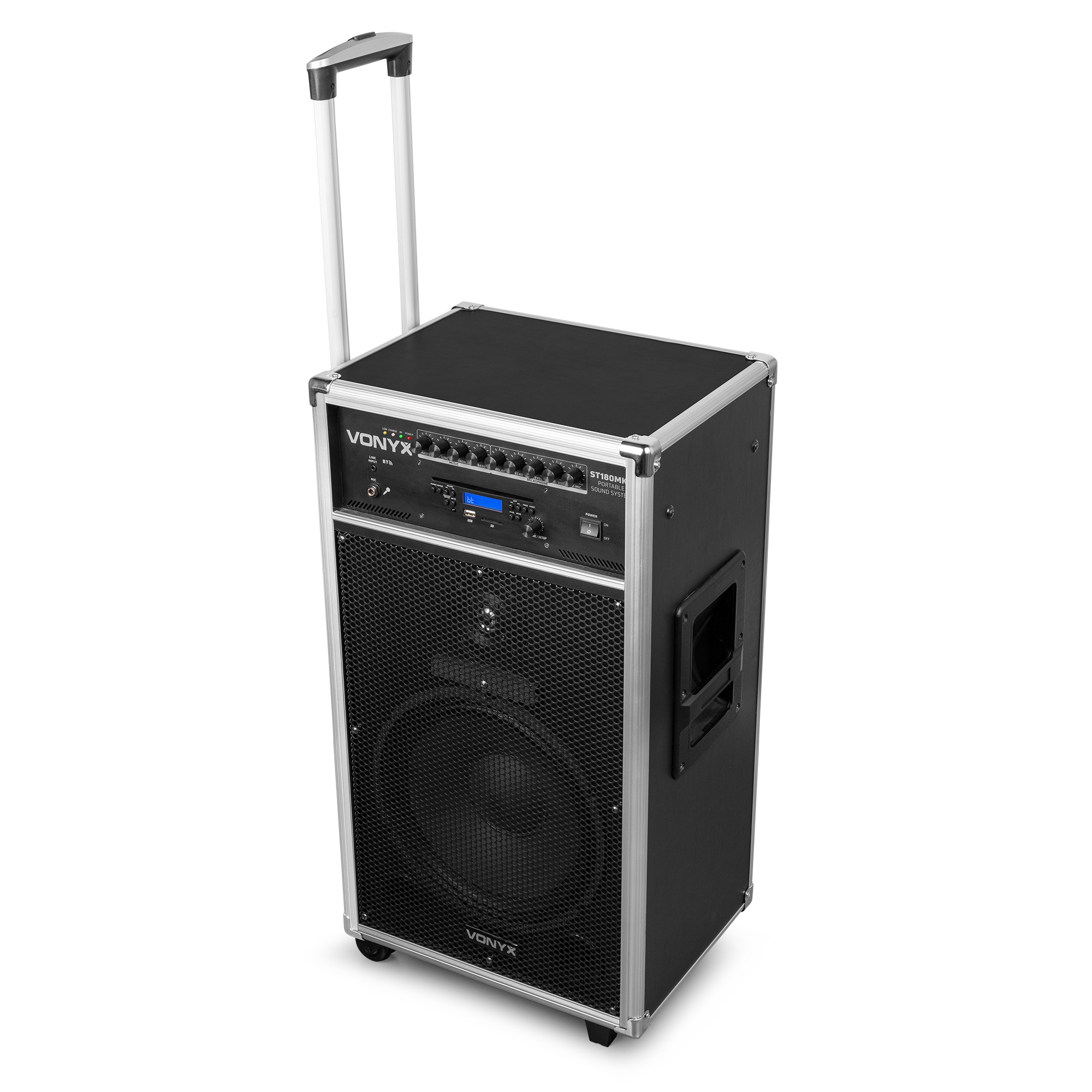 Altavoz portátil negro y plateado con asa y ruedas.