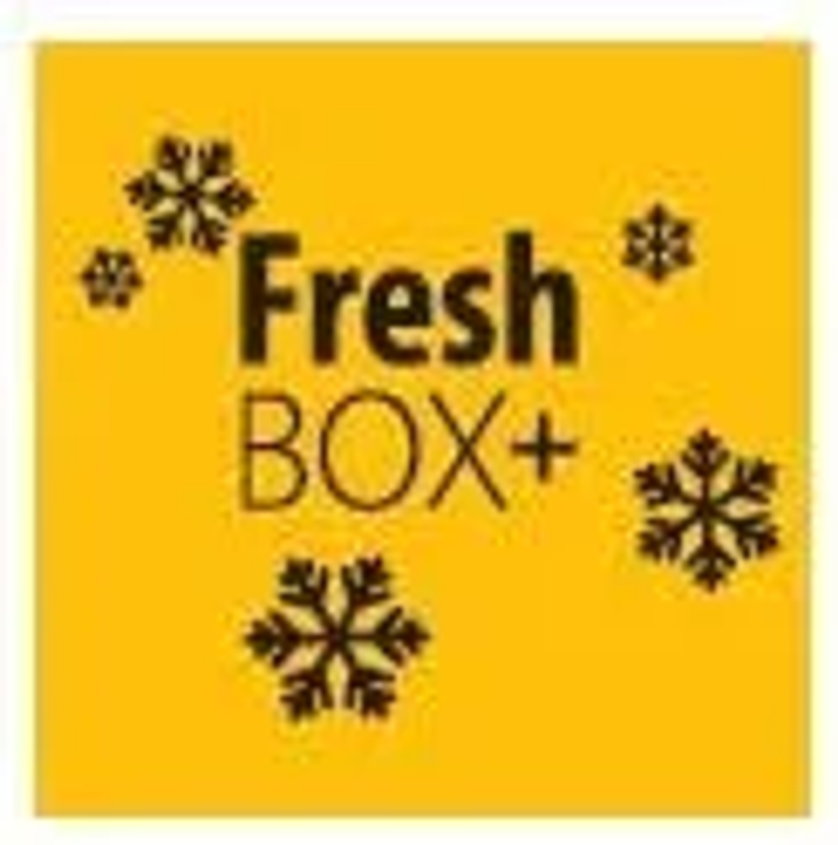 Quadrato giallo con testo Fresh BOX+ e fiocchi di neve.