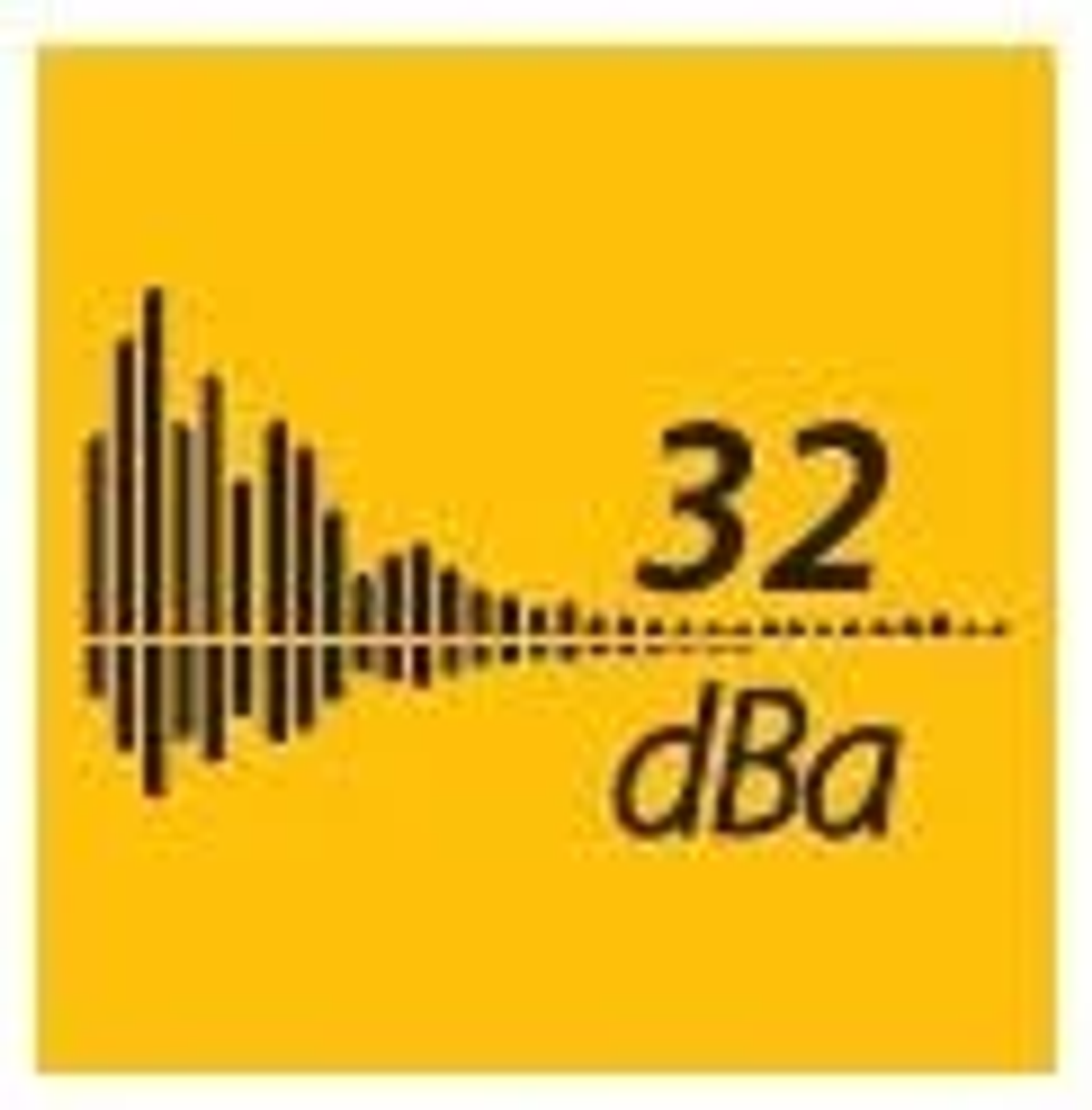 Un'immagine di un'onda sonora e il numero 32 con le lettere dBa, su sfondo giallo.
