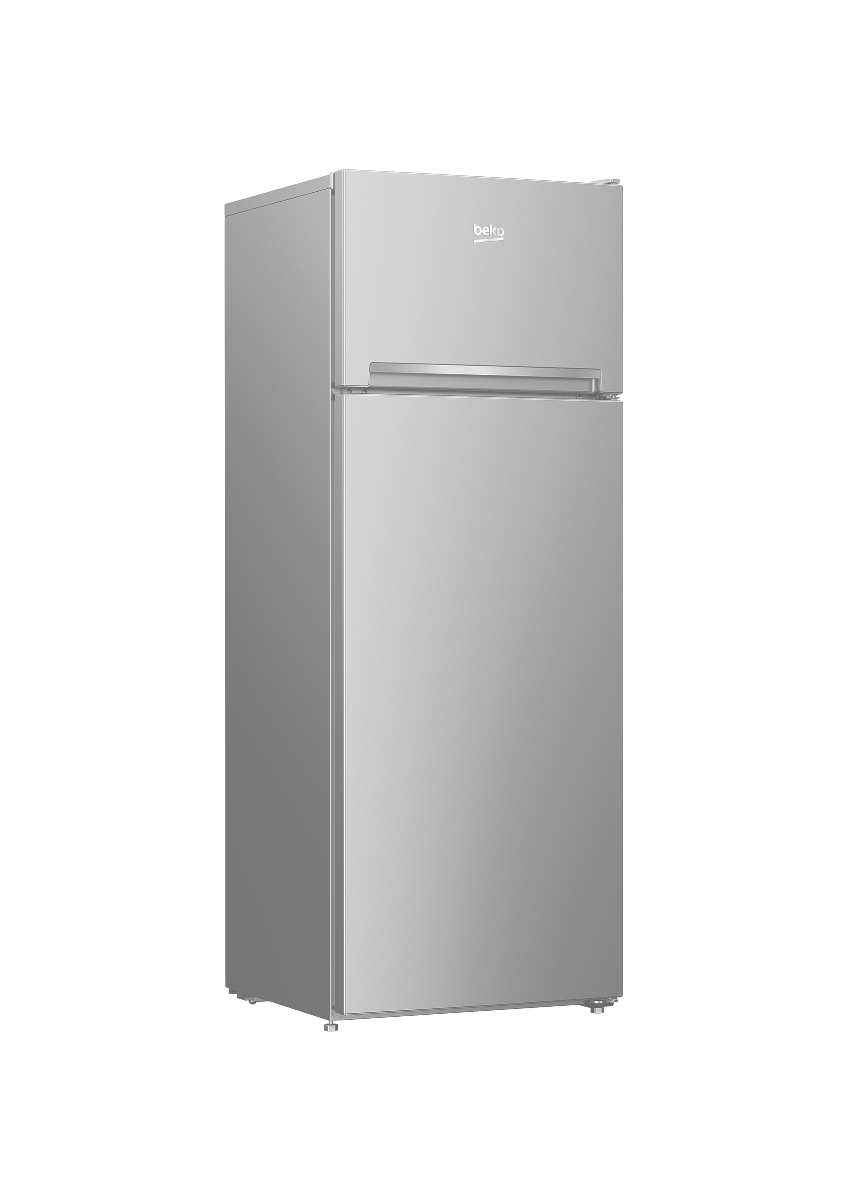 Frigorifero Beko argento su sfondo bianco. Il frigo ha un congelatore superiore.