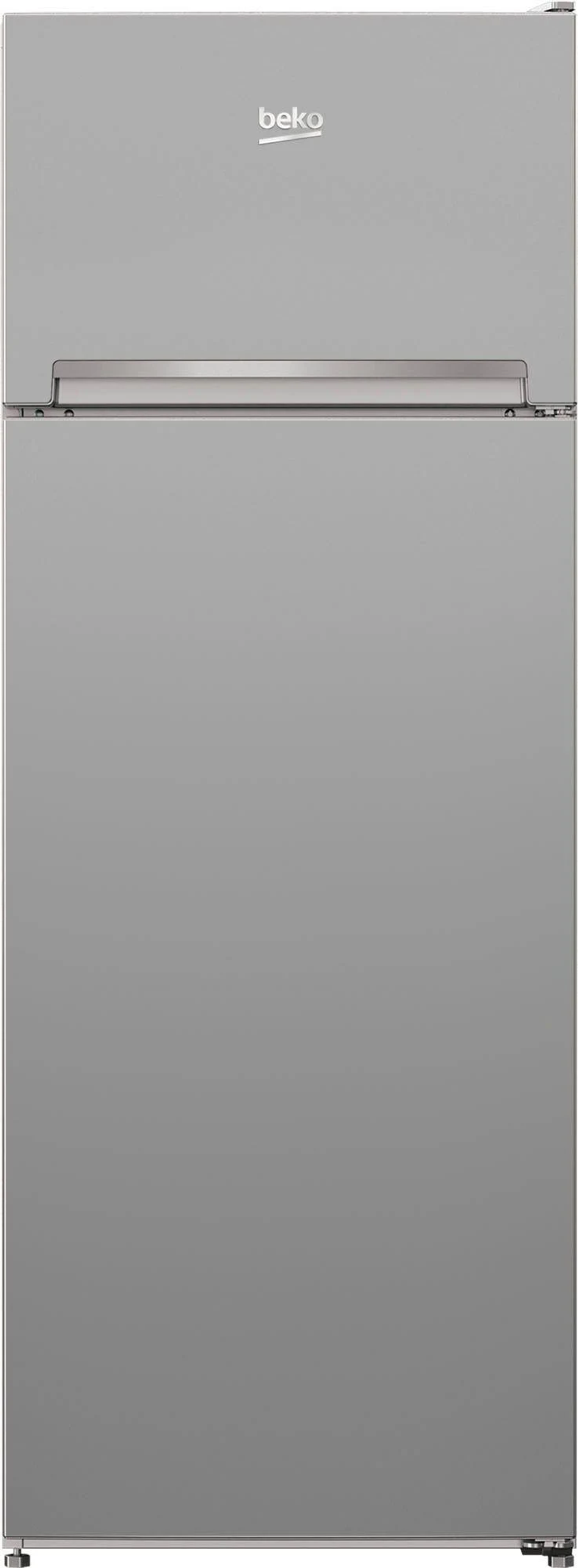 Un frigorifero Beko grigio. È un frigorifero a due porte con congelatore in alto, e il logo Beko è visibile.