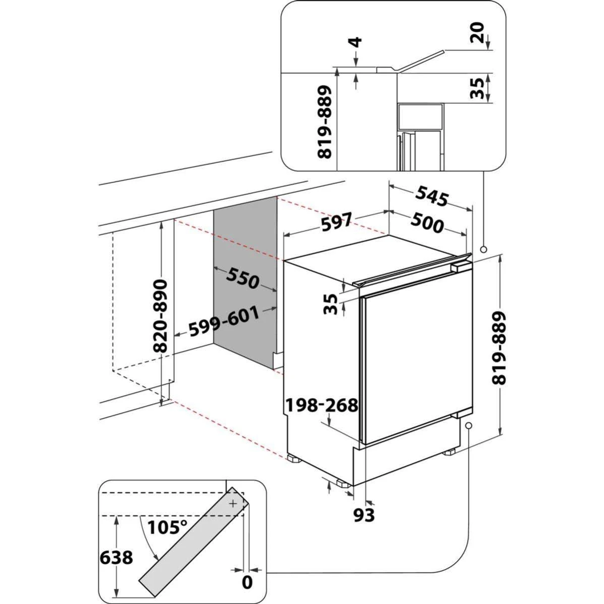Schema di una lavastoviglie a incasso con dimensioni in millimetri.