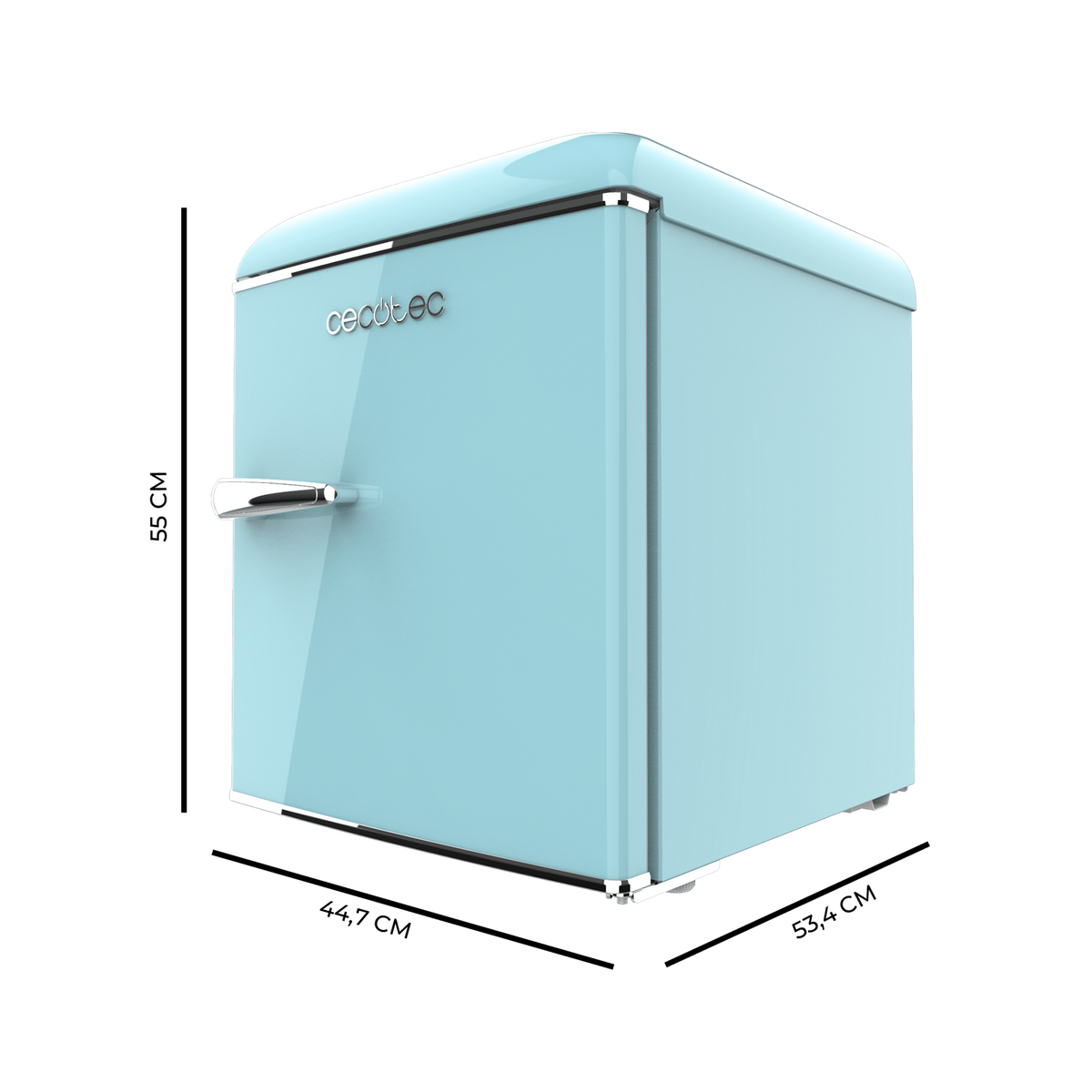 Ein hellblauer Kühlschrank im Retro-Stil mit silbernem Griff und Akzenten.