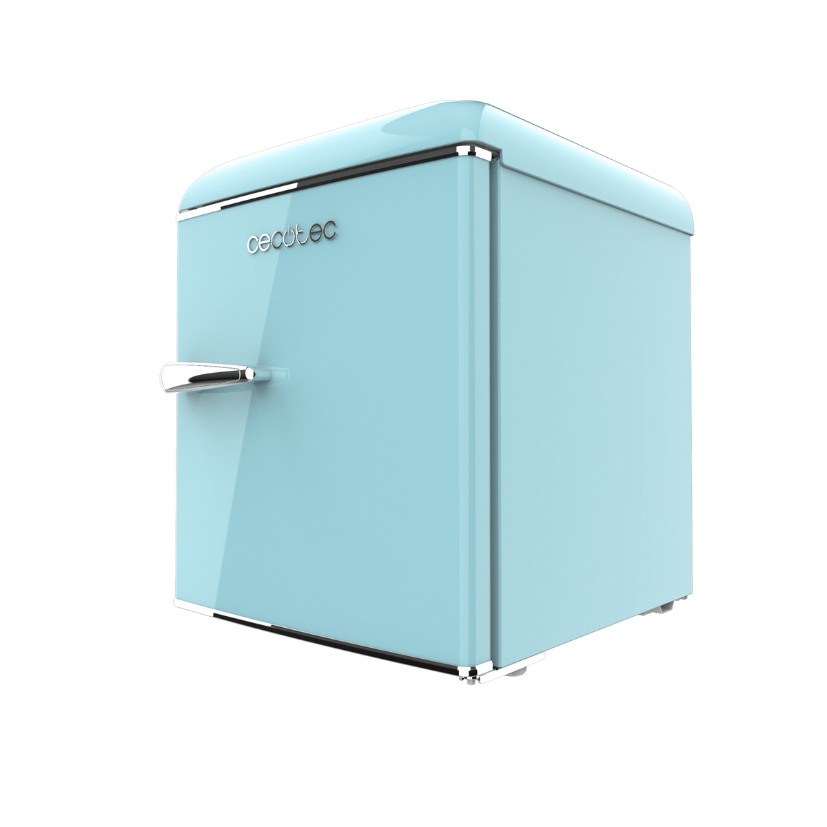 Hellblauer Mini-Kühlschrank im Retro-Stil, mit silbernem Griff, auf schwarzem Grund.