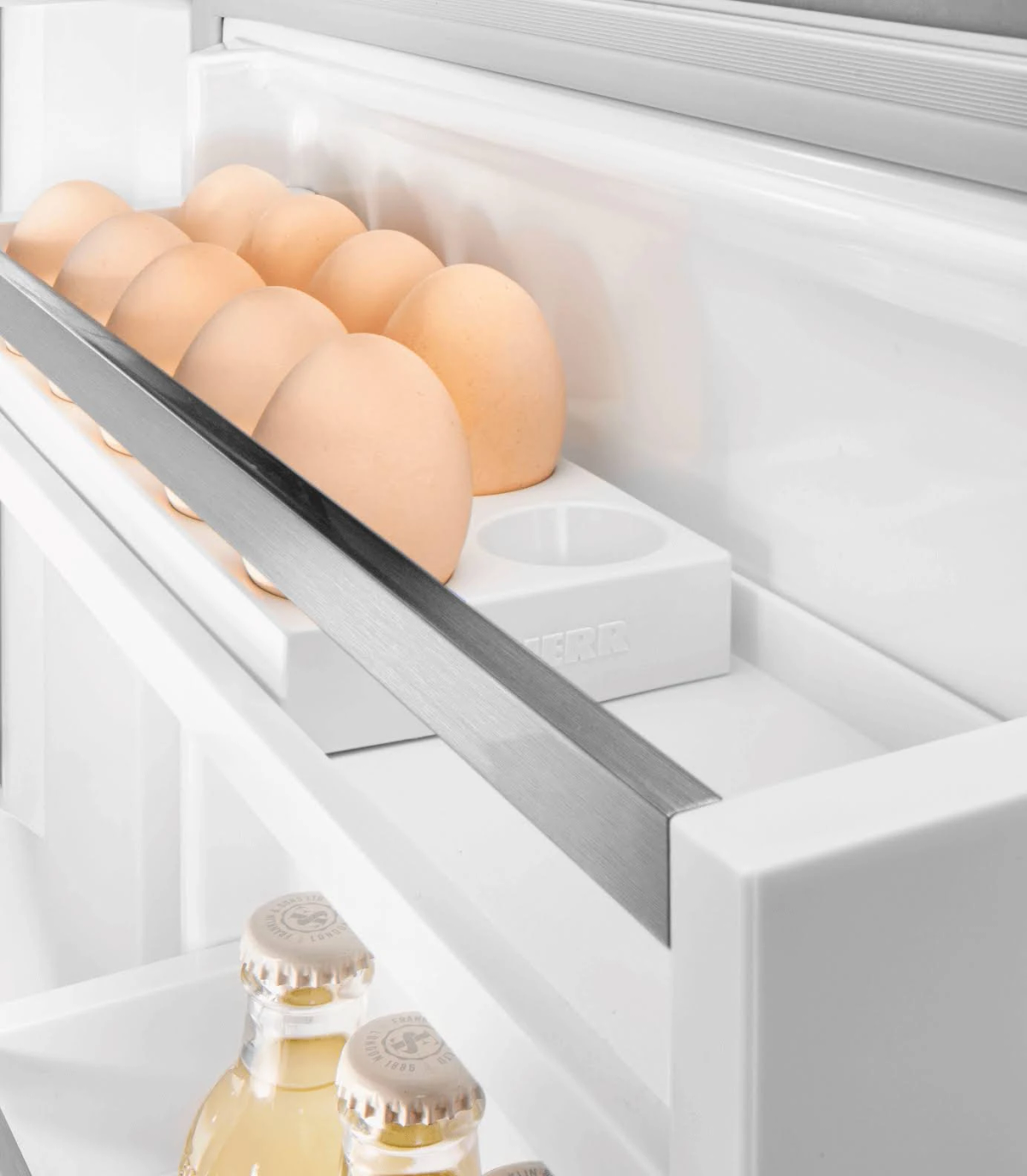 Dentro del frigorífico: huevos en un soporte, botellas de vidrio abajo.