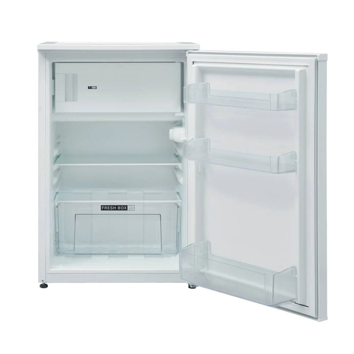 Frigorifero bianco con porta aperta, che mostra i ripiani.