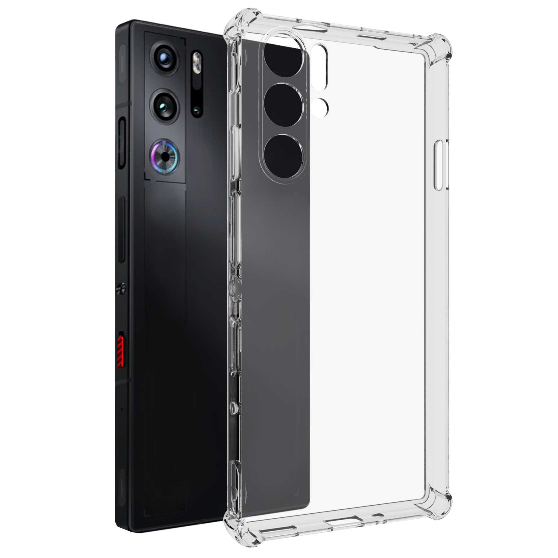Schwarzes Smartphone mit transparenter Schutzhülle. Mehrere Rückkameras, roter Akzent, schwarze Rückseite.