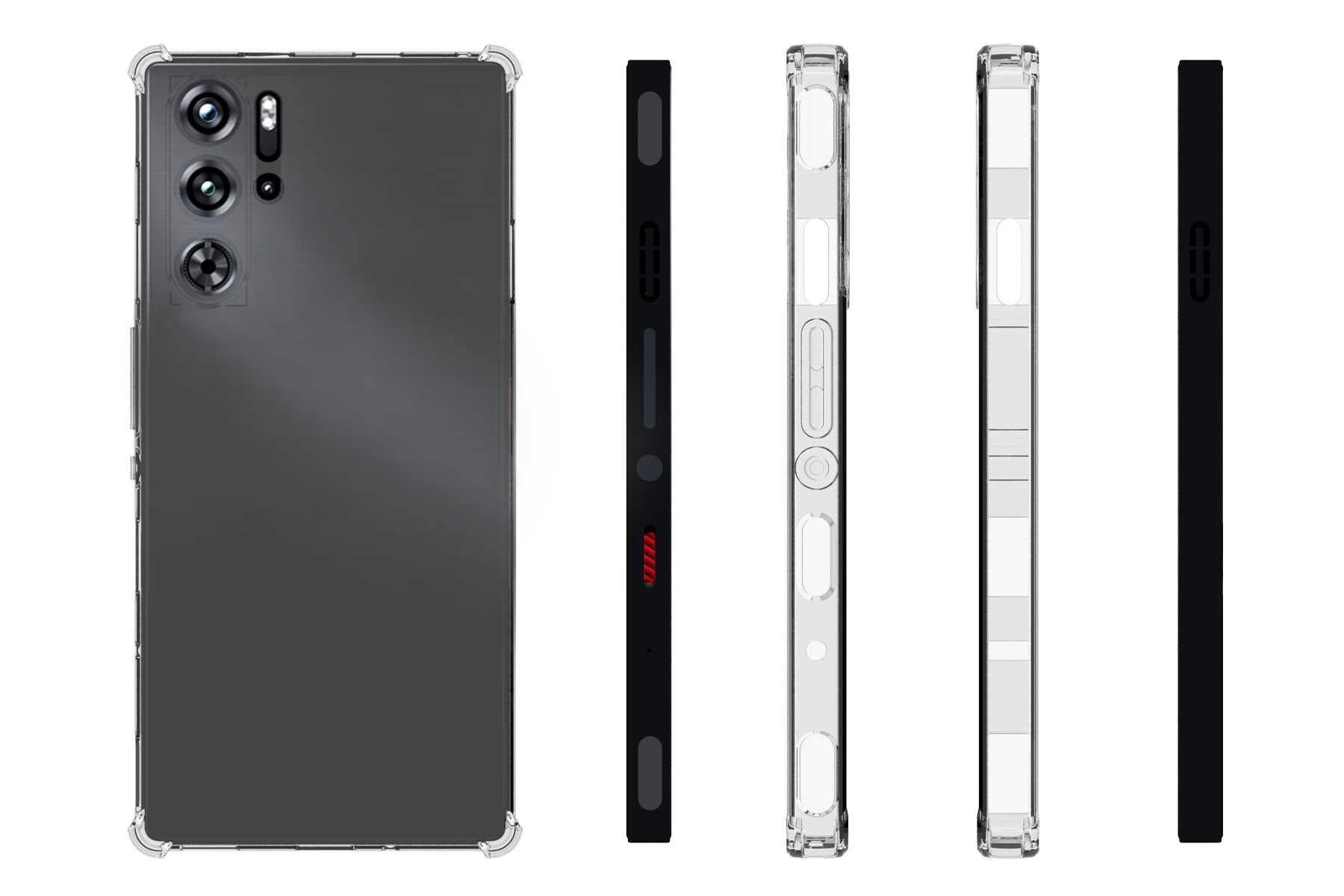 Telefon mit klarer Hülle, mehrere Winkel. Telefon hat mehrere Kameras. Klare Hülle an den Seiten.