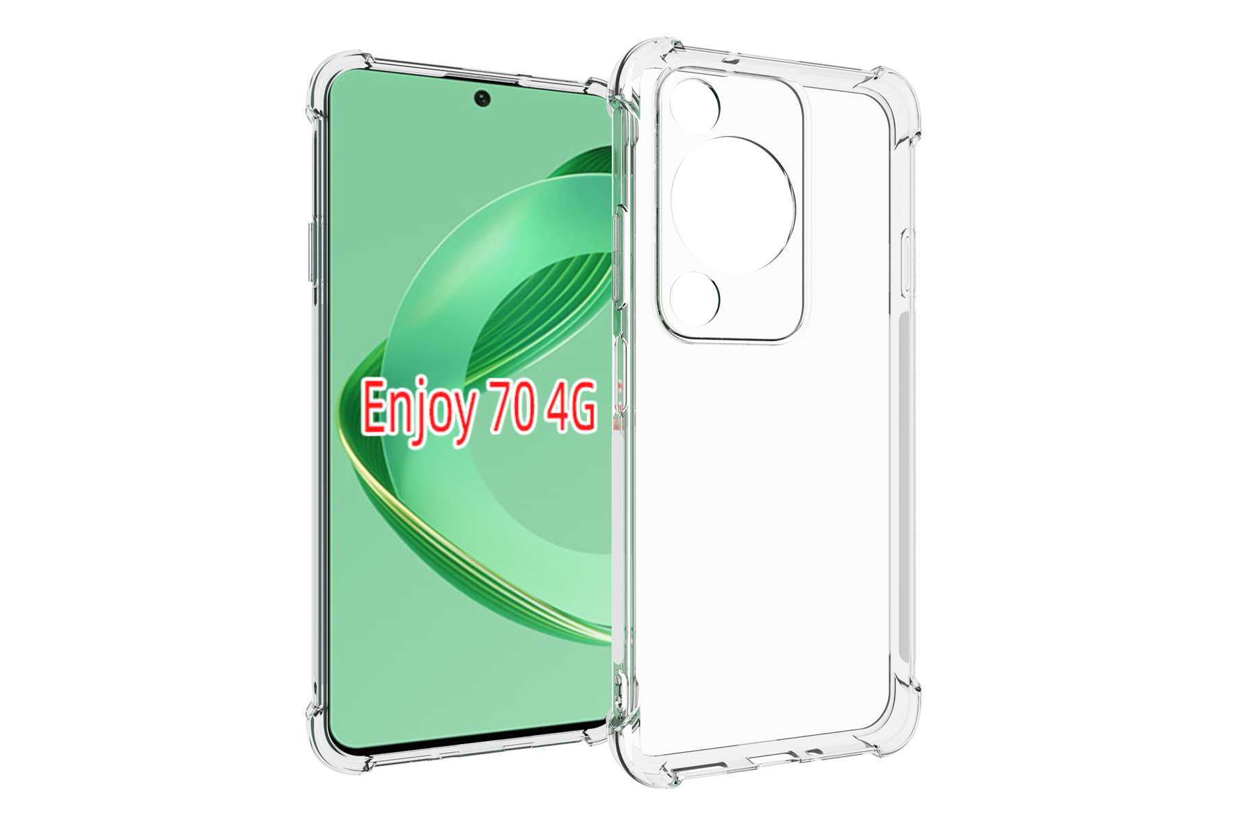 Telefon und Hülle, transparente Hülle über einem Telefonbildschirm mit Enjoy 70 4G Text.